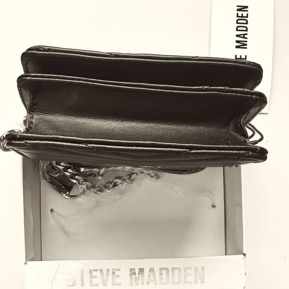 Steve Madden Black Quilted Crossbody Mini-Bag wallet Clutch Chain Strap Box NWT - Picture 6 of 7